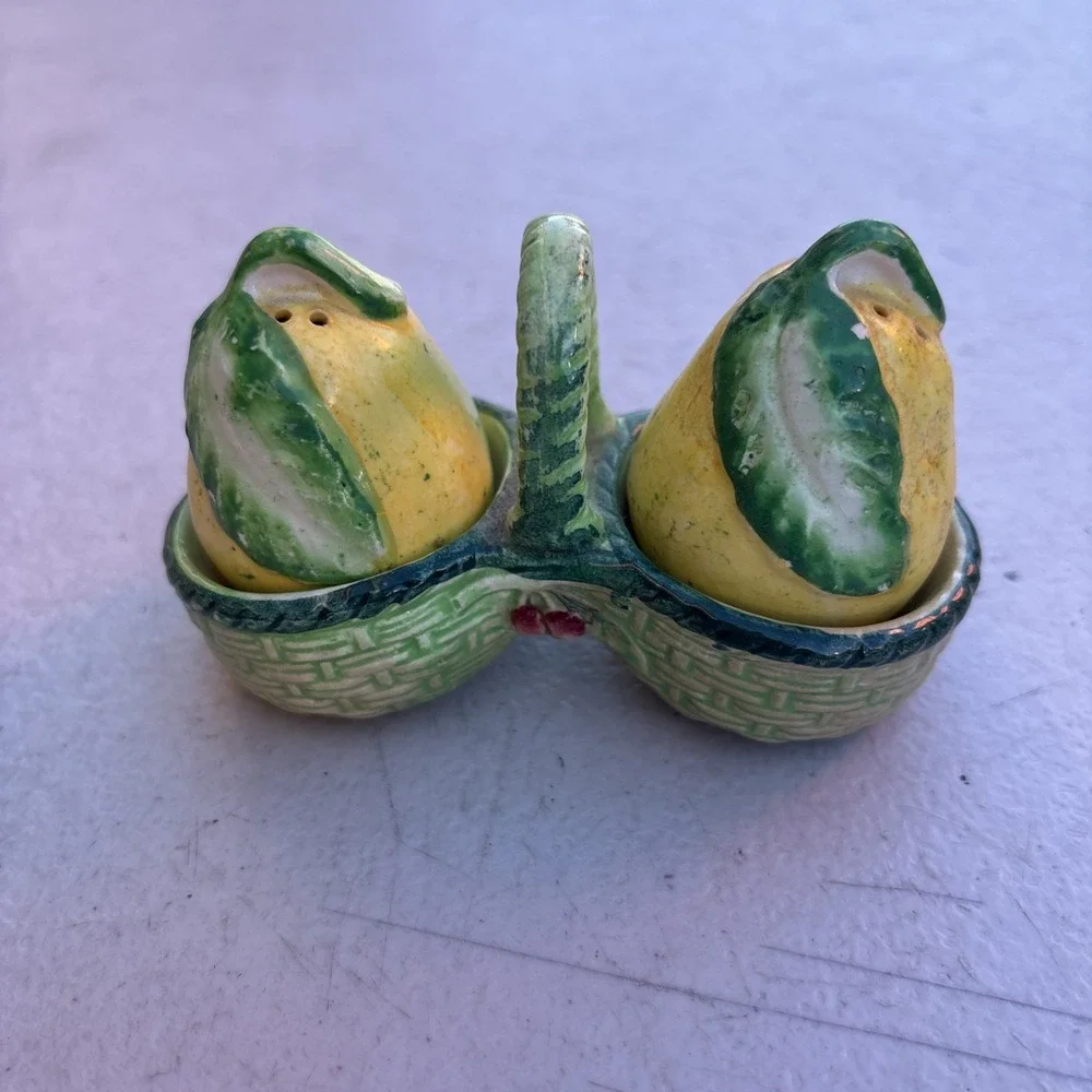 Vintage S&P Set 2 Pears in Basket Yellow Green Occupied Japan